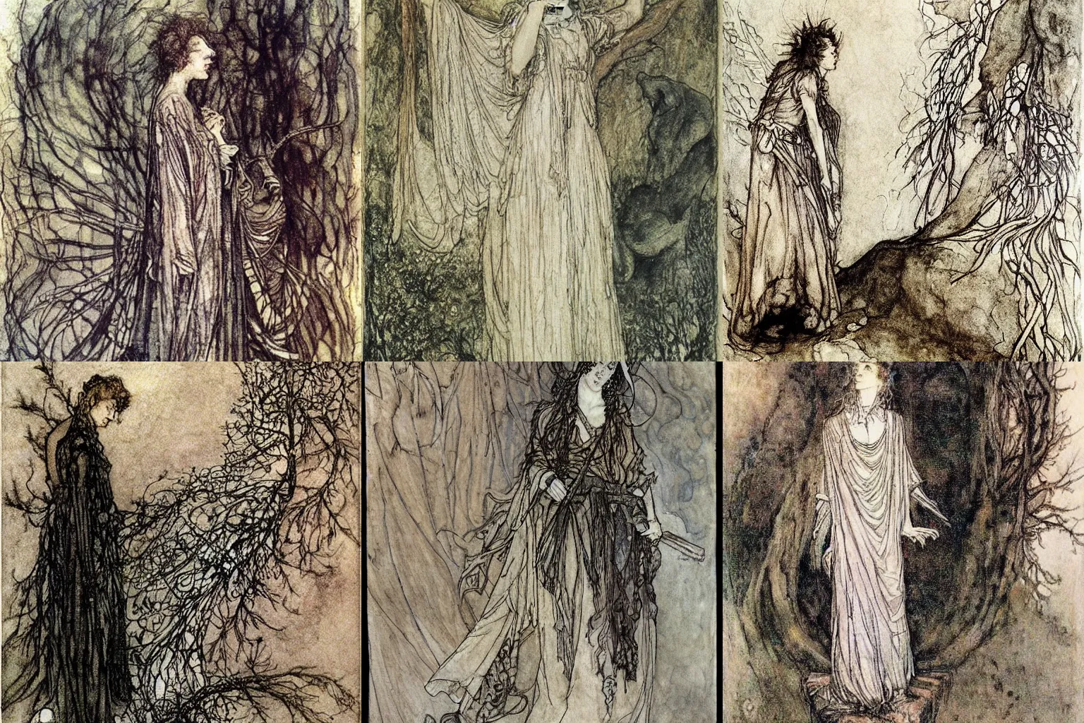 Prompt: i am the voice whose sound is manifold and the word whose appearance is multiple. i am the utterance of my name. painted by arthur rackham