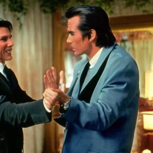 Prompt: Still of a kitsch musical comedy featuring a dance between Tom Cruise and Tommy Lee Jones. Tom Cruise holds the hand of Tommy Lee Jones. Technicolor, cinematic, crisp colors