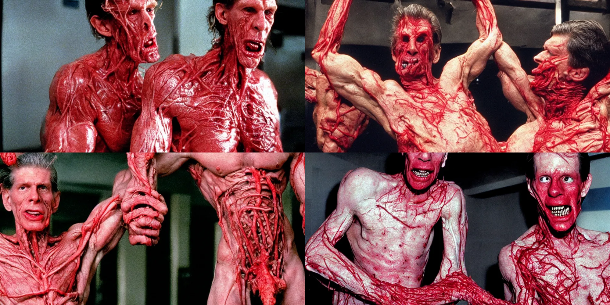 Prompt: vince mcmahon body horror directed by david cronenberg, limb mutations, swollen veins, red flesh strings, cinestill 8 0 0 t, 1 9 8 0 s movie still, film grain