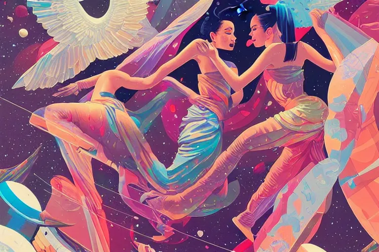 Prompt: supermodel pillow fight in space, tristan eaton, victo ngai, artgerm, rhads, ross draws