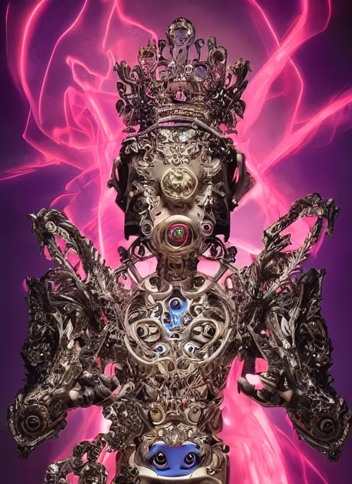 Image similar to baroque and cyberpunk style full-body sculpture of a young seductive Hispanic prince half android with a chest exposing a glowing ruby battery, glowing pink seductive laser eyes, crown of blue gears and diamonds, swirling salmon-colored silk fabric, robotic raptors dinosaurs. baroque elements. full-length view. intricate artwork by caravaggio. art by Artgerm and Greg Rutkowski and Alphonse Mucha, Trending on artstation, cinematic industrial lighting, photorealistic, octane render, 8k, depth of field, 3D