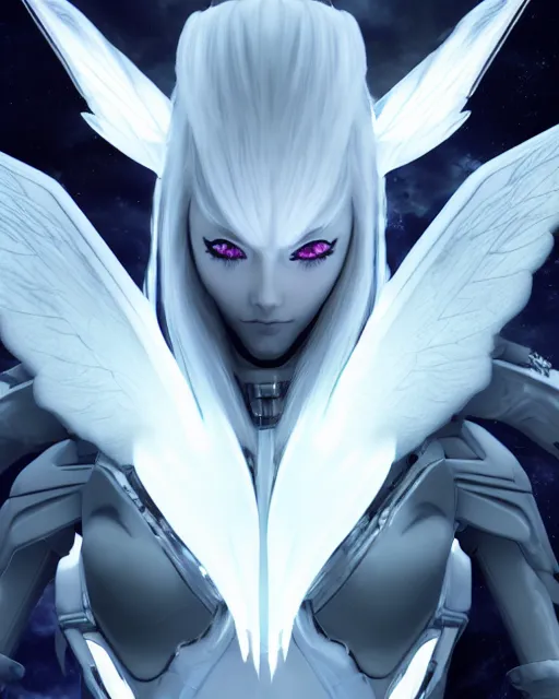 Image similar to perfect white haired alien being with huge white dove wings, warframe armor, beautiful, symmetric, dreamy, half asian, pretty face, blue eyes, detailed, scifi platform, laboratory, experiment, 4 k, ultra realistic, epic lighting, android body, illuminated, cinematic, masterpiece, art by akihito tsukushi, voidstar