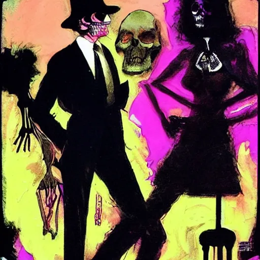 Prompt: a skeleton in a black suit tuxedo, talking to a beautiful woman in a low cut blouse and a miniskirt, Black light velvet painting by Basil Gogos and Robert McGinnis