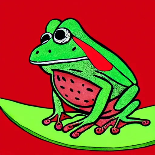 Prompt: dramatic portrait of a frog wearing a watermelon as a hat