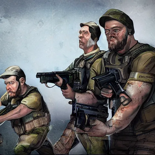 Prompt: a portrait of neighbours fighting with a machine guns digital concept art