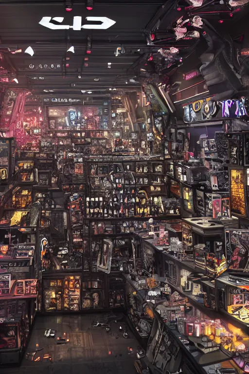 Image similar to Cybertron, inside of a Hot Topic store for goth Decepticons, cinematography by Wes Anderson, 4k octane render, intricate detail, photorealistic , cinematic lighting, Artstation