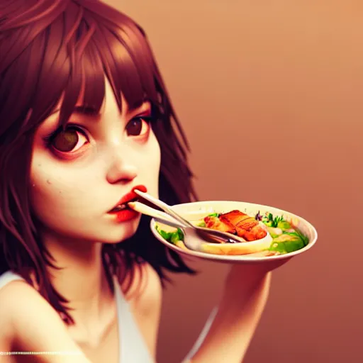 Image similar to girl, eating, good food, happy, slim, stylized, artstation, hd, cgsociety, cgi, realistic, dramatic, cinematic, artistic, trending, detailed