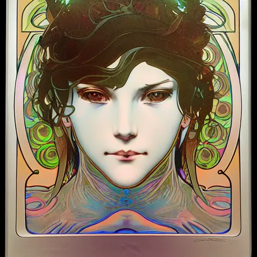 Prompt: incredible digitized fractalizing infinity girl of innocence and macabre intent eyes glowing iridescent volumetric neon by alphonse mucha yoji shinkawa biomorphic trompe l'oeil