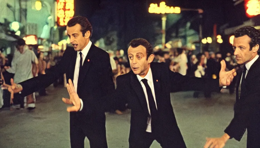 Prompt: 70s movie still of Nicolas Sarkozy and Emmanuel Macron fighting kung-fu , cinestill 800t 18mm heavy grain, cinematic, dramatic dark lighning, brooklyn at night neon boards