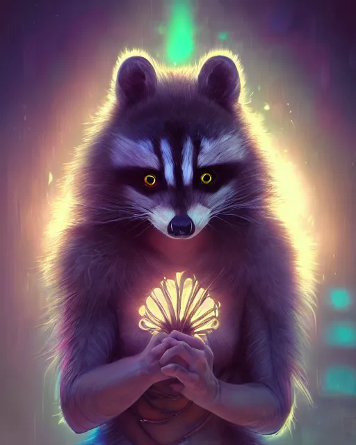 Image similar to portrait of a cute female racoon, bioluminescent, veins, horror, happy, highly detailed, digital painting, cinematic, hyperrealism, dark retrowave, art by stanley lau and artgerm and magali villeneuve and alphonse mucha, artstation, octane render, cgsociety