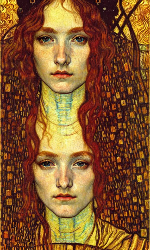 Image similar to detailed realistic beautiful young medieval queen face portrait by jean delville, gustav klimt and vincent van gogh, art nouveau, symbolist, visionary, gothic, pre - raphaelite, muted earthy colors, desaturated