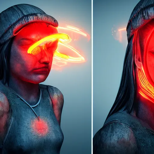 Image similar to fire owl, half body portrait, the spirit of fire, with red neon flashes around head, softlight, octane render, highly detailed, realistic, 8 k, trending on artstation, 3 d cartoon style