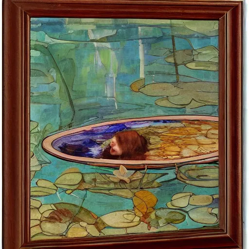 Prompt: Elizabeth Siddal swims in a lake with blue water lilies, Pre-Raphaelite style, highly detailed, sharp focus