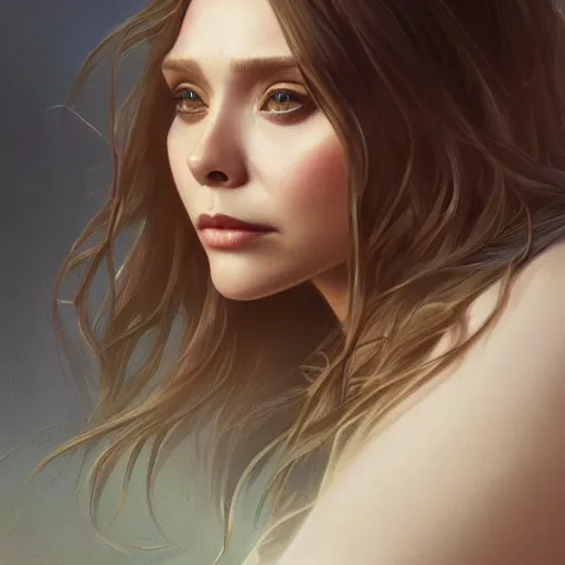 Image similar to ultra realistic illustration, elizabeth olsen, intricate, elegant, highly detailed, digital painting, artstation, concept art, smooth, sharp focus, illustration, art by artgerm and greg rutkowski and alphonse mucha