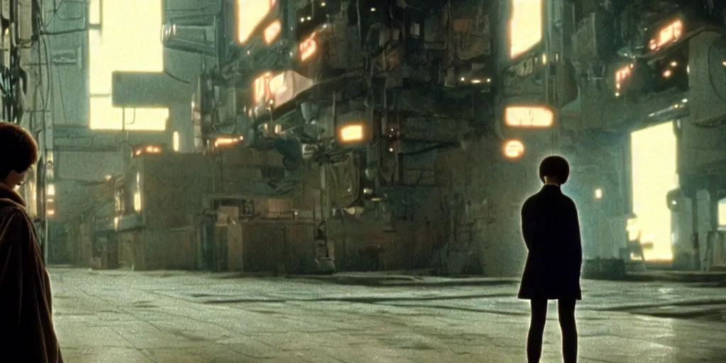 Image similar to at night, a white teenage girl with a pixie haircut in an oversized man's coat hides in the factory district : a still from a scifi dystopian cyberpunk film from 1 9 8 0 s. by steven spielberg, robert zemeckis, francis ford coppola, and james cameron. shot on 3 5 mm film stock.