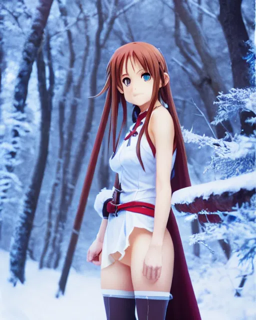 Image similar to photo of asuna from sao in winter location, asuna by a - 1 pictures, by greg rutkowski, gil elvgren, enoch bolles, glossy skin, pearlescent, anime, maxim magazine, very coherent, 3 d render, vray, maya