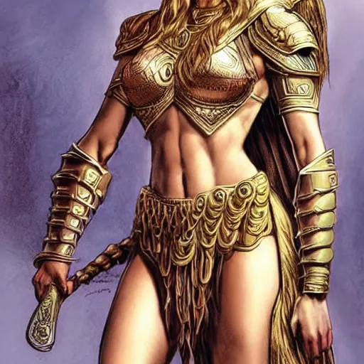 Prompt: greek amazon warrior, a tall beautiful woman with bronzed skin and long blonde hair, dressed in hellenistic body armour, intricate, elegant, highly detailed, smooth, sharp focus, detailed face, high contrast, graphic novel, art by ardian syaf,