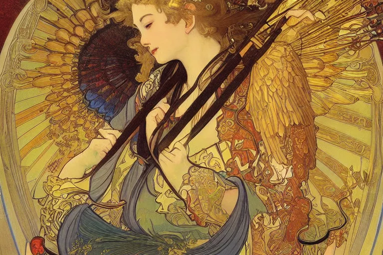 Image similar to glorious beautiful painting of Japanese female angel with flaming sword and golden wings, heavenly background and heavenly light, feminine figure, by James Jean and Alphonse mucha, Neo-Gothic, gothic, Art Nouveau, rich deep moody colors