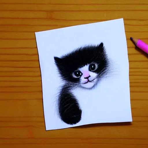 Image similar to child drawning of a cute kitten with panda body and cat face, crayon