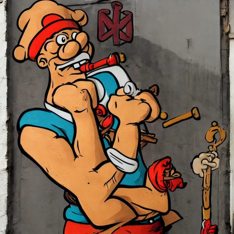 Image similar to Street-art portrait of Popeye the Sailor with huge forearms with two anchor tattoos, skinny upper arms, and corncob pipe. in style of Edward Hopper, comic character, photorealism