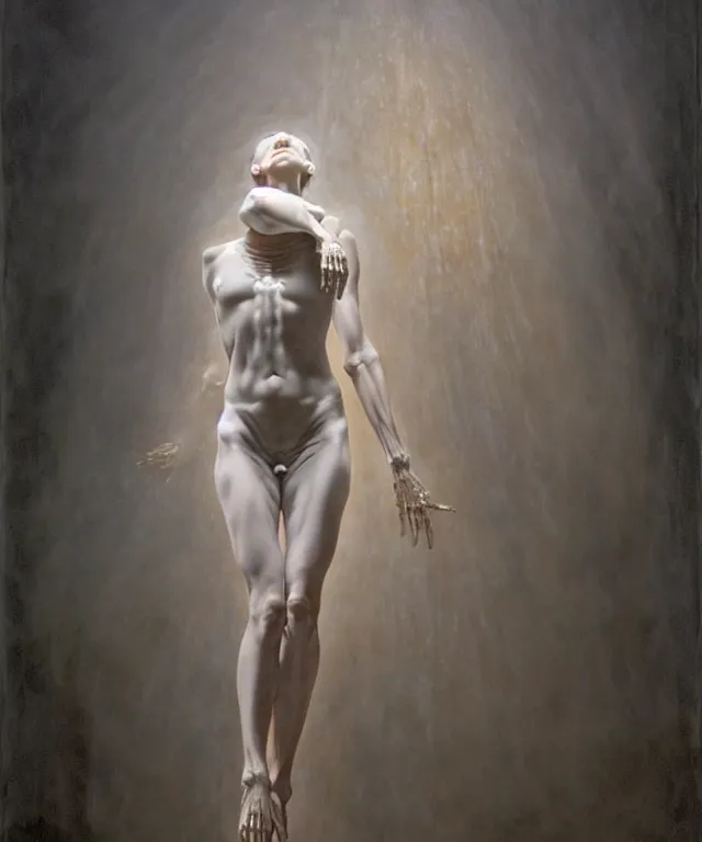 Image similar to Beautiful full-body wax sculpture of glowing transparent woman with visible bones covered with melted white candle wax inside the singularity where stars becoming baroque folds of dark matter by Michelangelo da Caravaggio, Nicola Samori, William Blake, Alex Grey and Beksinski, dramatic volumetric lighting, highly detailed oil painting, 8k, masterpiece