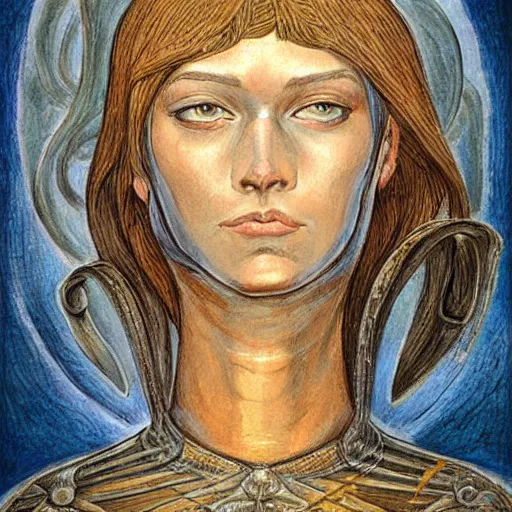 Image similar to beautiful face jeanne d'arc in the style of william blake, terese nielsen, isolde