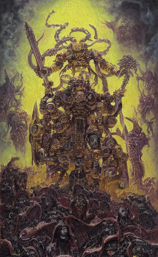 Image similar to epic omnious academic drawing of a heroic but corrupted wh40k heretic marine having his consciousness uploaded into iridescent warp by Slaanesh his Highness the chaotic androgynous deity in solemn golden and marble slaaneshite temple by James Gurney, Zdislaw Beksinski, Alex Gray, Greg Rutkowski, Robert McCall