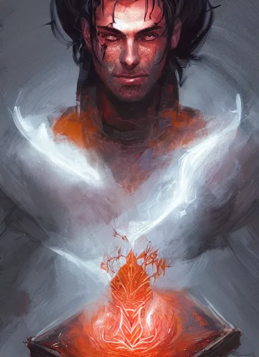 Image similar to character concept portrait of a handsome young dark wizard with olive skin and buzzed short spiky hairstyle casting a dark magic spell with red and orange glowing runes, a floating iridescent spell book, intricate, elegant, digital painting, concept art, smooth, sharp focus, illustration, from Metal Gear, by Ruan Jia and Mandy Jurgens and Artgerm and William-Adolphe Bouguereau