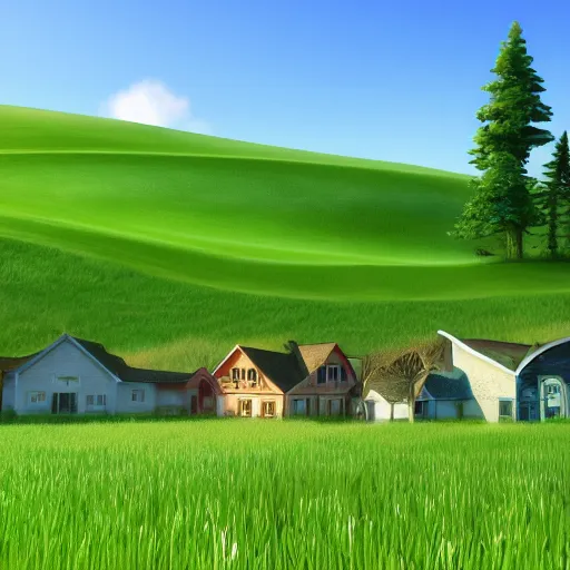 Image similar to windows xp backround with few houses and trees, award winning, trending on artstation, unreal engine