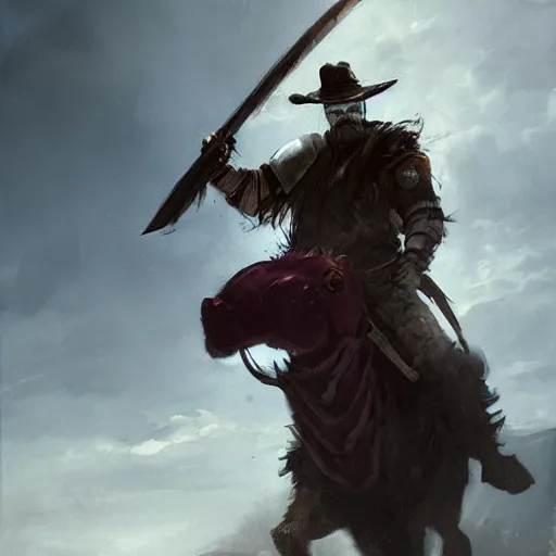 Image similar to Walter white as a dark fantasy warrior riding an armored yak, made by Greg Rutkowski