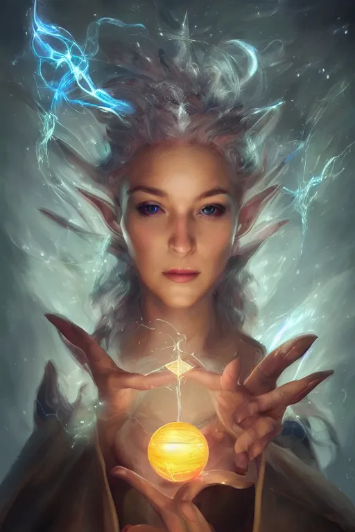 Image similar to portrait of a beautiful elf casting magic spell throwing magic crystal ball, angel, fantasy, dramatic lighting, highly detailed, digital painting, holding electricity, magic the gathering, hyper detailed, 3 d render, hyper realistic detailed portrait, peter mohrbacher, wlop, ruan jia