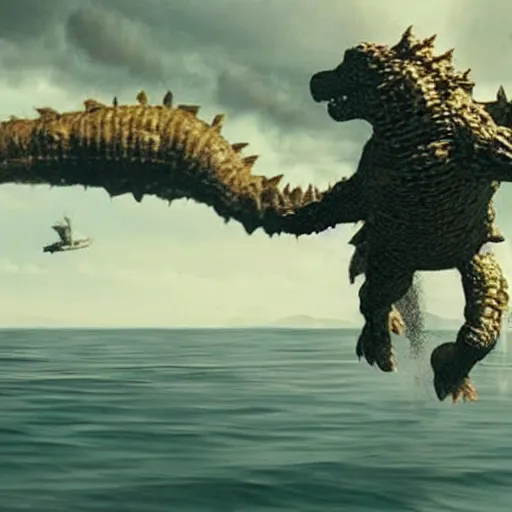 Prompt: masive 1 0 0 meters beagle dog versus godzilla over the sea, epic cinematic, 4 k, very high detail