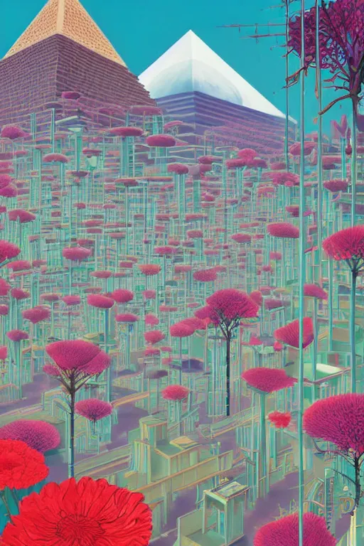 Image similar to giant cyber - punk factory with ancient pyramids and blooming flowers by helen lundeberg