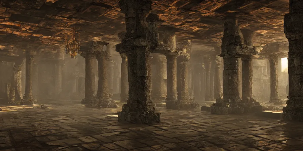 Image similar to ruins of a fantasy dwarven hall interior in the style of Lord of the Rings, very tall columns, wet floors, high ceiling, dark moody lighting, foggy atmosphere, bright colors, photo by Peter Jackson Dylan Cole and Denis Villeneuve, low angle view, octane rendering