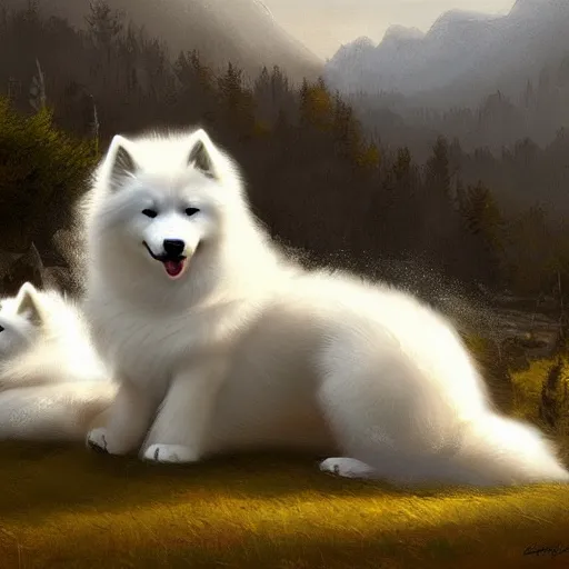 Prompt: samoyed, artwork by raphael lacoste, epic, cute