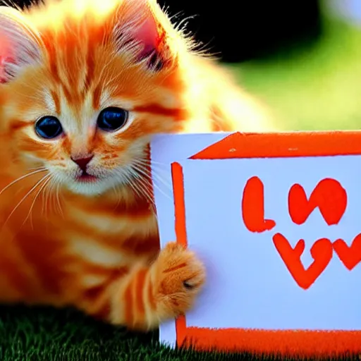 Image similar to cute fluffy orange tabby kitten with a sign that says