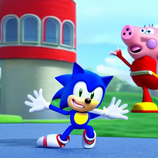 Image similar to sonic, peppa pig and the paw patrol crossover episode, cartoon network stillframe, hd, 4 k, hdr, smooth, sharp focus, high resolution, award - winning