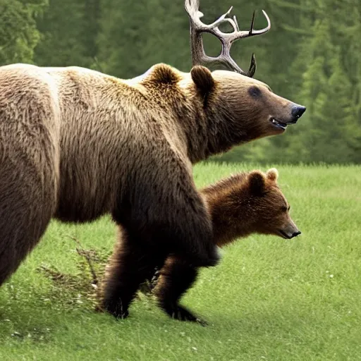 Prompt: a bear chasing a deer, realistic photograph