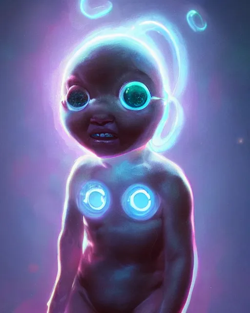 Image similar to one signular portrait of a cute bioluminescent baby creature with big glowing eyes, highly detailed, digital painting, cinematic, hyper realism, dark retrowave, art by Stanley Lau and Artgerm and magali villeneuve and Alphonse Mucha, artstation, octane render, cgsociety