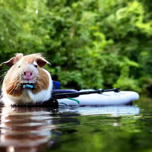 Image similar to a guinea pig sitting on a kayak on a calm stream