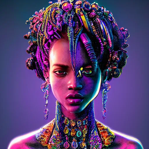 Prompt: the portrait of the absurdly beautiful, graceful, elegant, gorgeous, sensual black young goddess made of rainbow crystals, an ultrafine hyperdetailed photograph by kim jung gi, irakli nadar, intricate linework, bright colors, octopath traveler, final fantasy, unreal engine 5 highly rendered, global illumination, radiant light, intricate environment