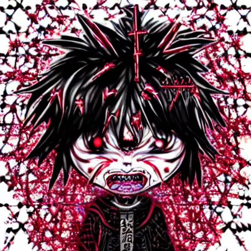 Image similar to spiked korean bloodmoon sigil stars draincore, gothic demon hellfire hexed witchcore aesthetic, dark vhs gothic hearts, neon glyphs spiked with red maroon glitter breakcore art by guro manga artist Shintaro Kago | baroque bedazzled gothic royalty frames surrounding a pixelsort emo demonic horrorcore japanese yokai doll, low quality sharpened graphics, remastered chromatic aberration