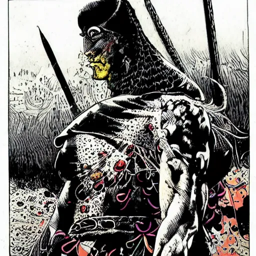 Image similar to a colorful! portrait of a warrior by sergio toppi, award winning masterpiece