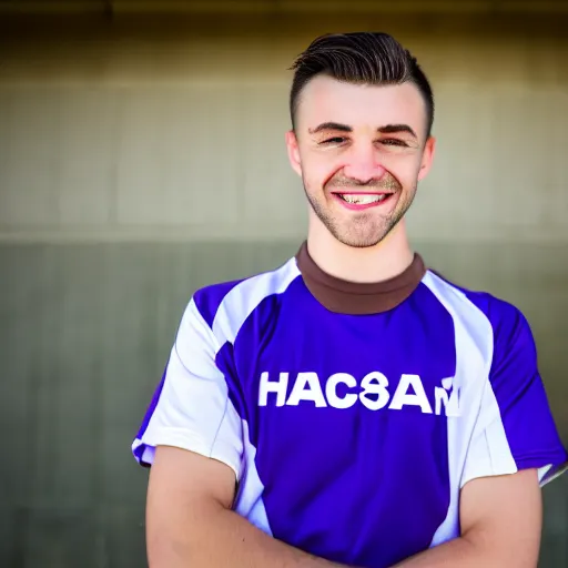 Image similar to a photographic portrait of a young Caucasian man smiling with short brown hair that sticks up in the front, blue eyes, groomed eyebrows, tapered hairline, sharp jawline, wearing a purple white volleyball jersey, sigma 85mm f/1.4, 15mm, 35mm, 4k, high resolution, 4k, 8k, hd, full color