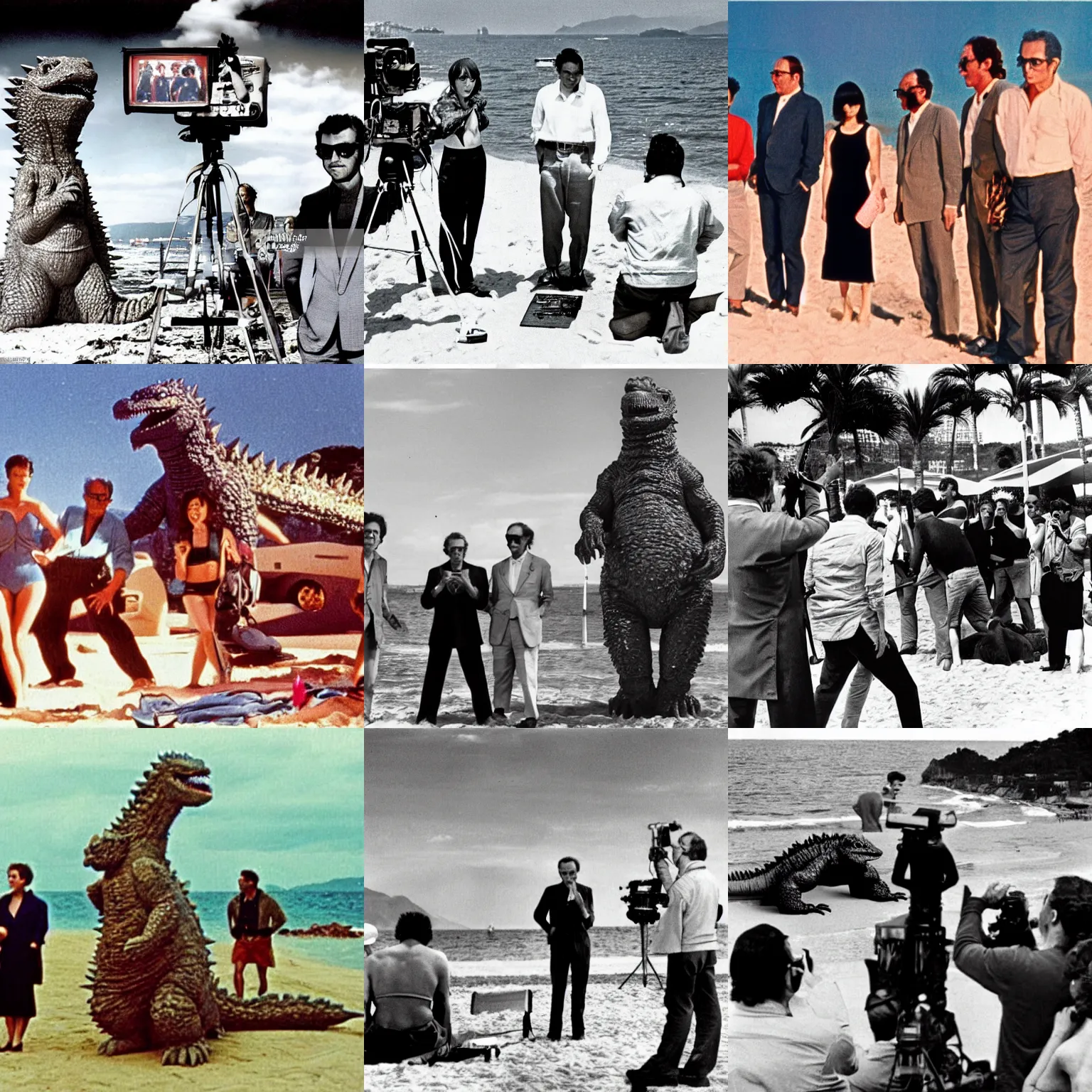 Prompt: photoshoot in technicolor of godzilla on a beach in cannes. godzilla is at the center surrounded by jean - luc godard and anna karina.