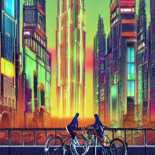 Prompt: ultra detailed gothic cyberpunk cityscape with cars, floating bike, high rise tower, neon atmospheric lighting, people in futuristic getup, by jean giraud - w 1 2 1 6