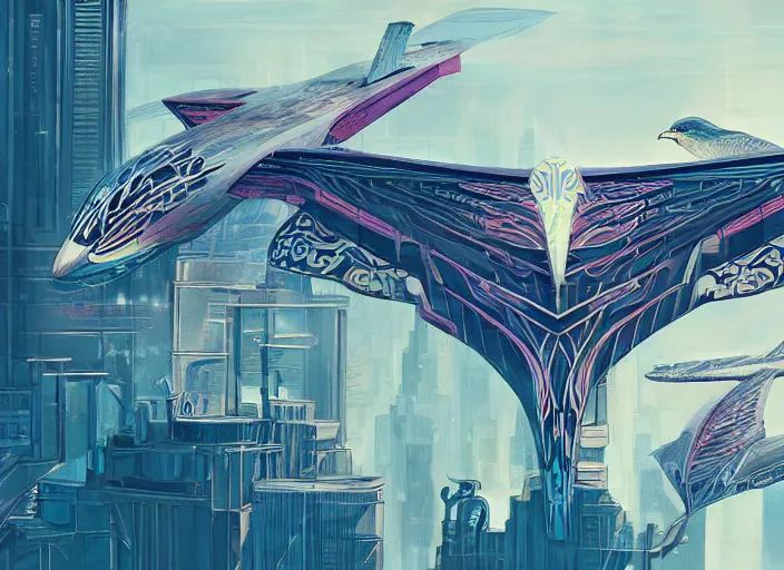 Prompt: concept art of a modern jugendstil airliner with ornate birdlike wings with art deco patterns flying over a magic city, cyberpunk, high fantasy