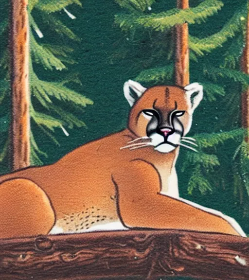 Image similar to damaged postcard of 'a cougar sleeping in the middle of snowy pine tree' laying on coffee table, zoomed out shot