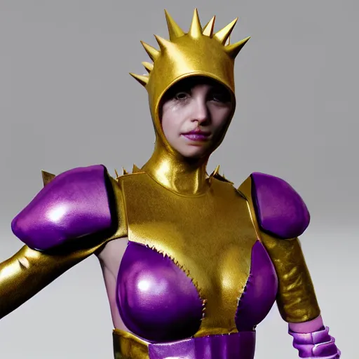 Image similar to cute girl, rubber spikes on the body, rubber skin spikes, spikes are from rubber, purple skin, skinny, gold armor, battleground background, battlefield, concept art, artstation, award winning, high detailed, 4k, 8k, hd textures, octane render, intricate details, volumetric lighting, realistic, hyperdetailed