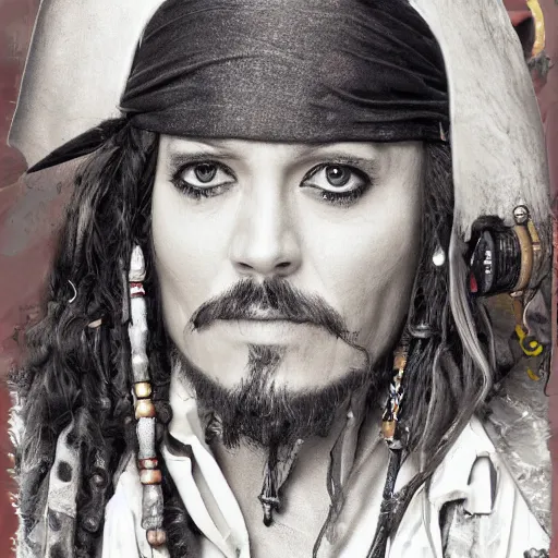 Prompt: Portrait photo of captain jack sparrow, color, studio light